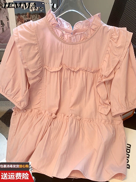 French chic sweet pink short-sleeved shirt for women summer design niche loose slimming belly-covering baby doll top