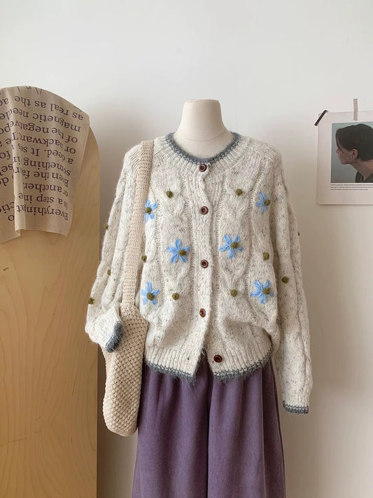 RENA retro three-dimensional flower round neck knitted cardigan women's autumn and winter high-end hand-crocheted long-sleeved sweater jacket