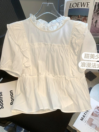 French chic sweet pink short-sleeved shirt for women summer design niche loose slimming belly-covering baby doll top