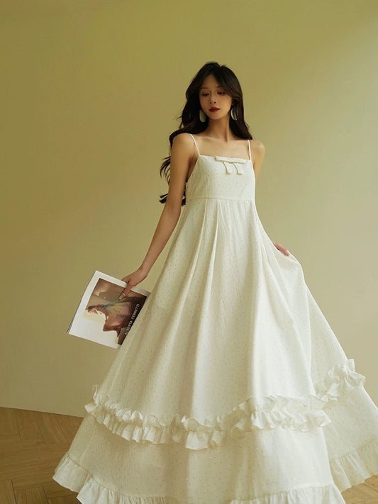 Aconiconi｜Bingying French elegant white moonlight heavy beaded sling big skirt holiday style dress