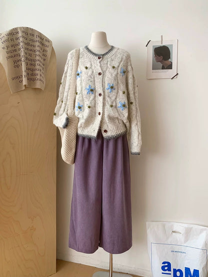 RENA retro three-dimensional flower round neck knitted cardigan women's autumn and winter high-end hand-crocheted long-sleeved sweater jacket