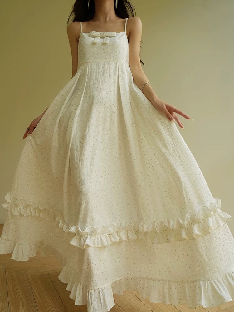 Aconiconi｜Bingying French elegant white moonlight heavy beaded sling big skirt holiday style dress
