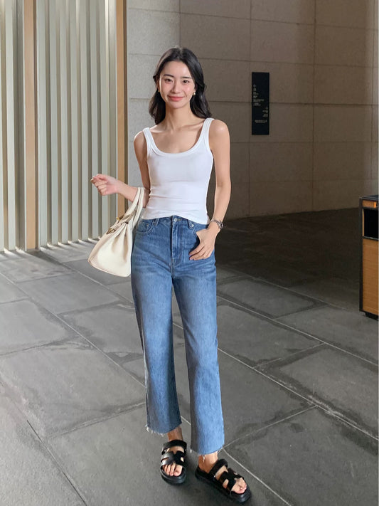 Maven Lin [70% Off In Stock] Blue Straight Leg Jeans for Women, Cigarette Fit, Slim Fit, Wide Leg, Cropped Pants