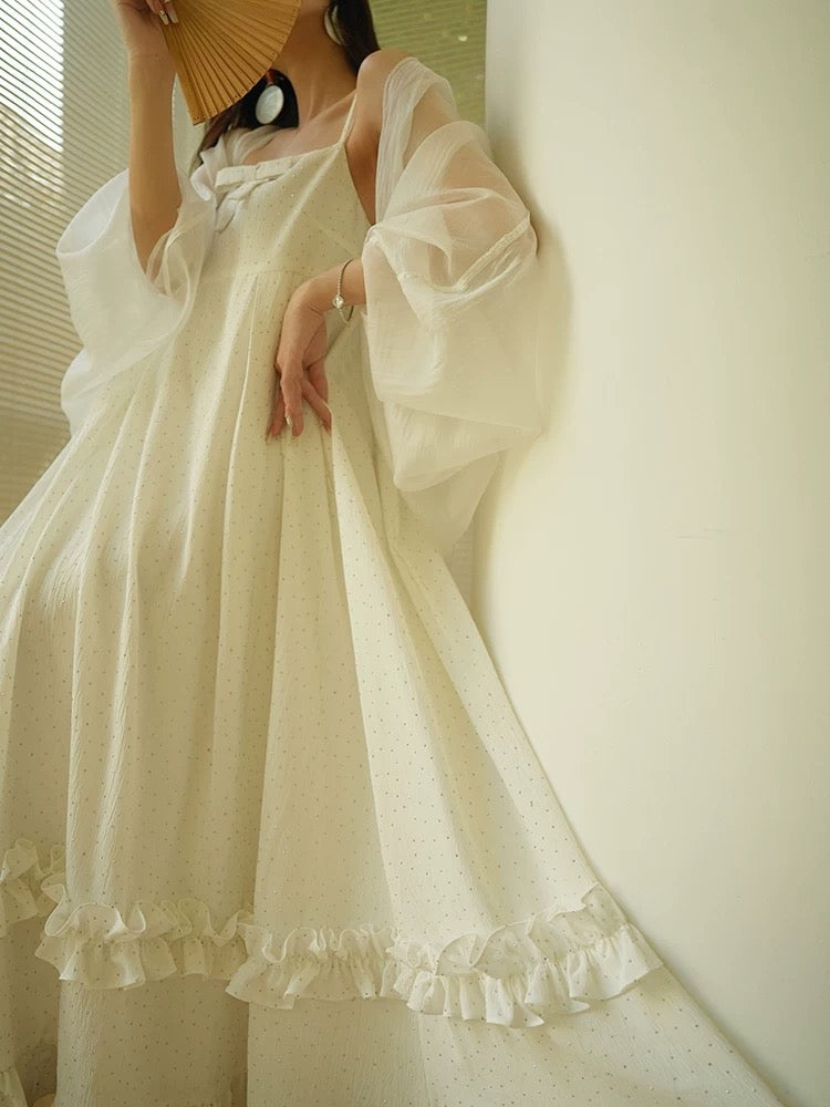Aconiconi｜Bingying French elegant white moonlight heavy beaded sling big skirt holiday style dress