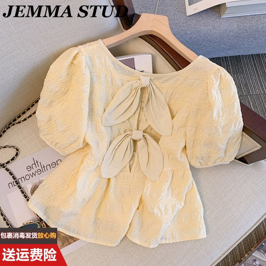 Summer unique and unique bow short-sleeved shirt for women, French sweet puff sleeve top, waist-covering belly shirt