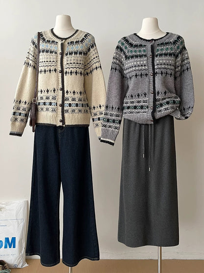 RENA autumn and winter atmosphere heavy round neck Fair Isle jacquard design soft waxy sweater jacket warm cardigan women