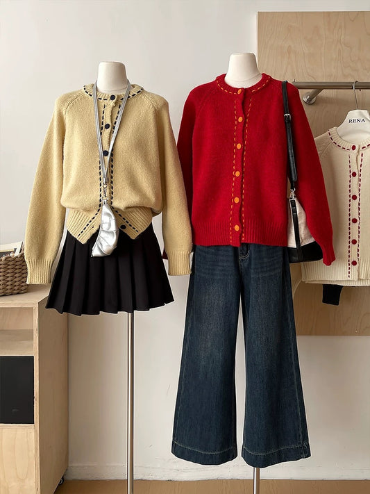 RENA retro Korean style all-match contrast color age-reducing sweater soft glutinous knitted cardigan autumn and winter casual jacket for women