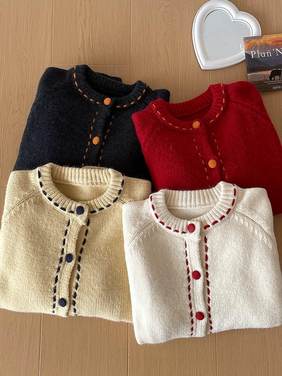 RENA retro Korean style all-match contrast color age-reducing sweater soft glutinous knitted cardigan autumn and winter casual jacket for women