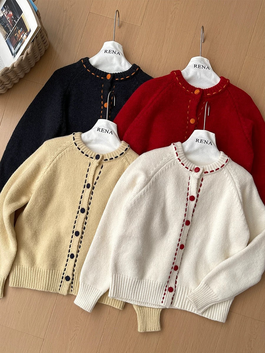 RENA retro Korean style all-match contrast color age-reducing sweater soft glutinous knitted cardigan autumn and winter casual jacket for women