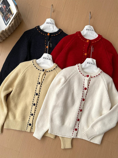 RENA retro Korean style all-match contrast color age-reducing sweater soft glutinous knitted cardigan autumn and winter casual jacket for women