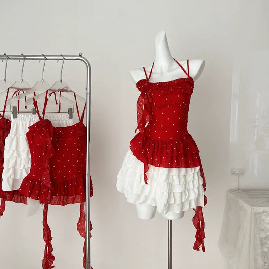 2025 summer new pure desire style niche design red polka dot blouse top cake skirt