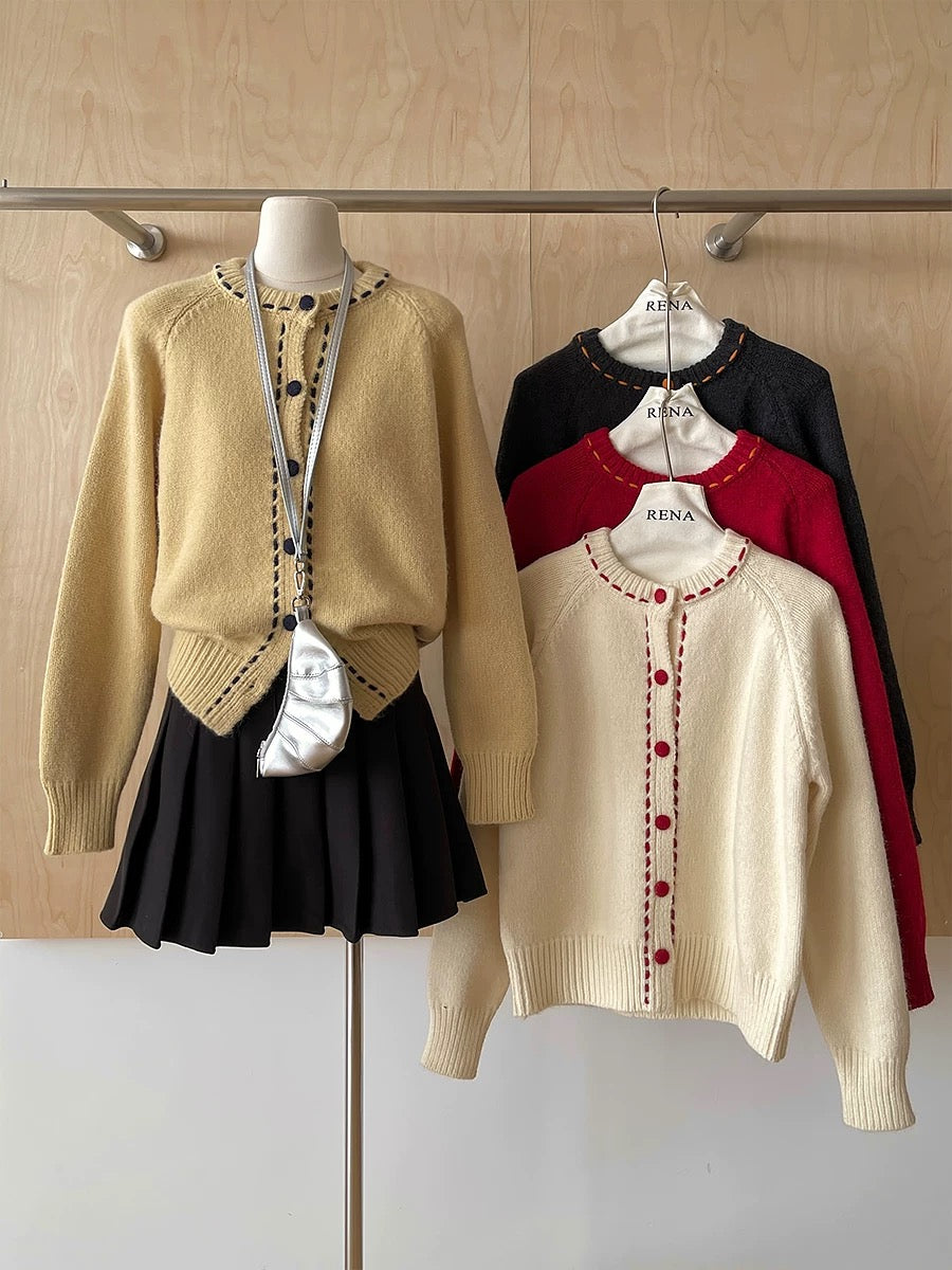 RENA retro Korean style all-match contrast color age-reducing sweater soft glutinous knitted cardigan autumn and winter casual jacket for women