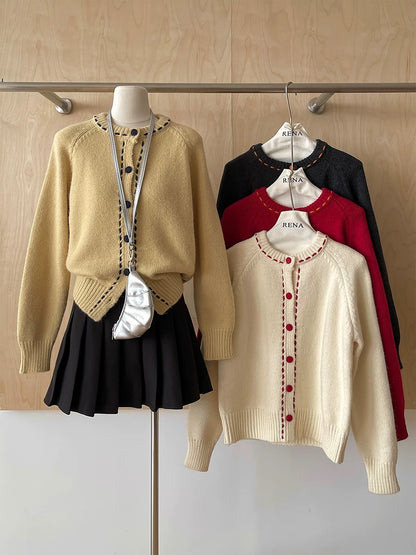 RENA retro Korean style all-match contrast color age-reducing sweater soft glutinous knitted cardigan autumn and winter casual jacket for women