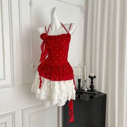 2025 summer new pure desire style niche design red polka dot blouse top cake skirt