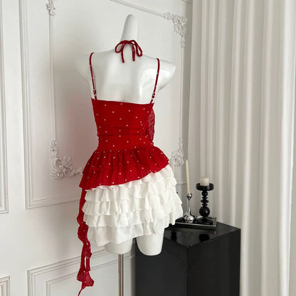 2025 summer new pure desire style niche design red polka dot blouse top cake skirt