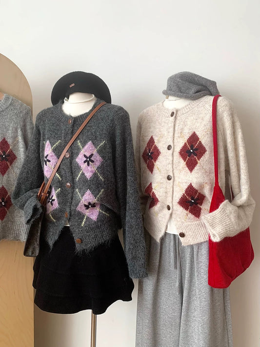 RENA Korean retro diamond jacquard wool cardigan women 2025 autumn new loose slim all-match sweater