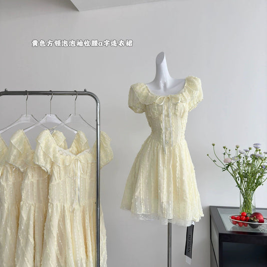 Youni homemade medium-length yellow square-neck puff sleeve waisted A-line dress for women in spring French sweet dress