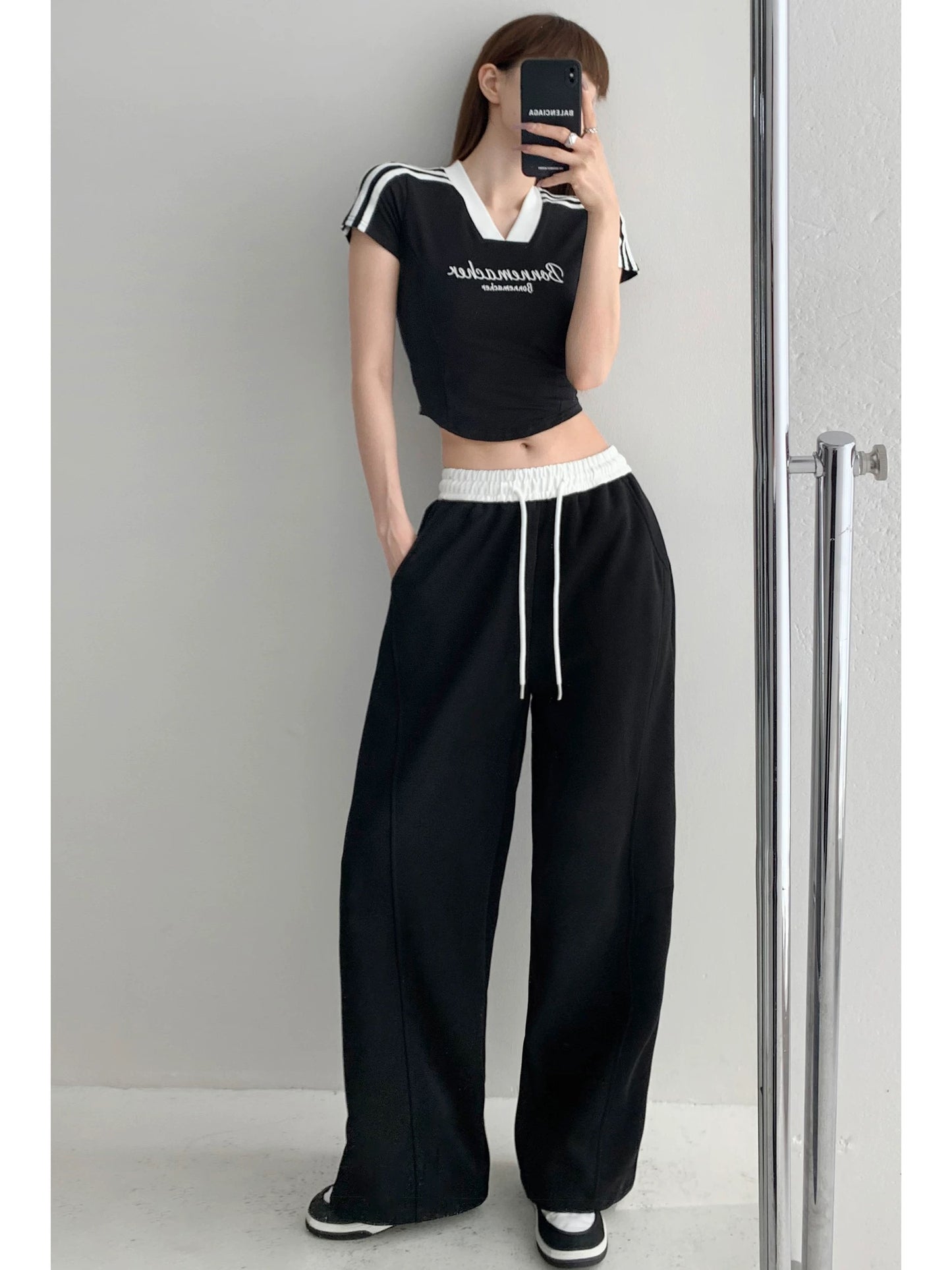 Yuppie role/color matching fake two-piece high-waisted loose slimming wide-leg pants for women heavy drape floor-length sports trousers
