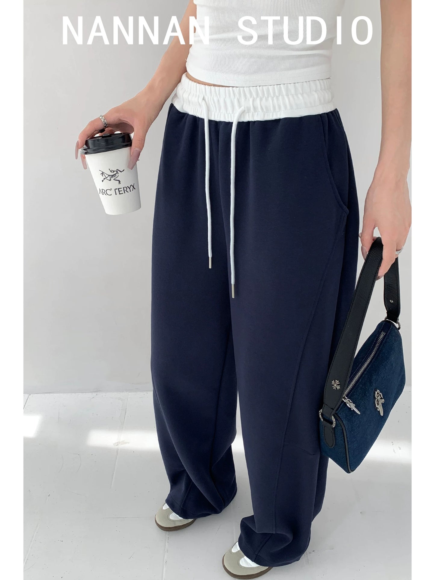 Yuppie role/color matching fake two-piece high-waisted loose slimming wide-leg pants for women heavy drape floor-length sports trousers