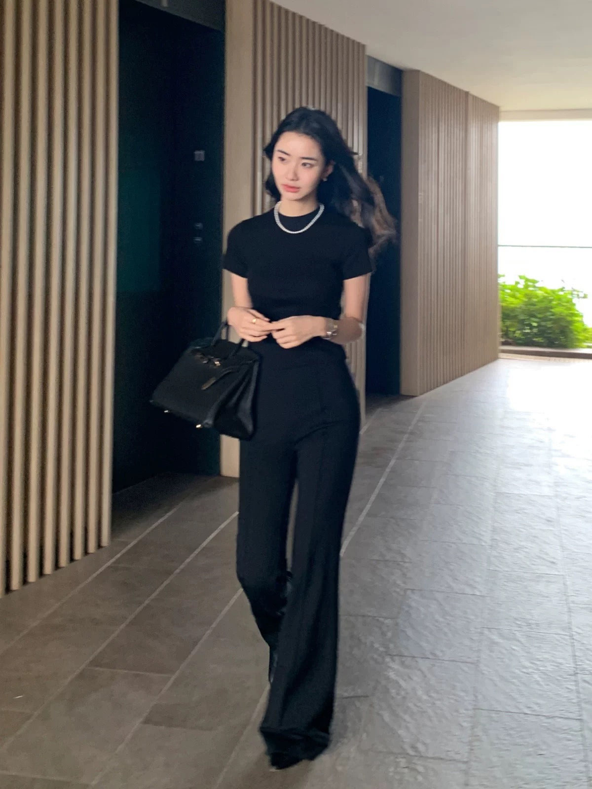 Maven Lin [70% Off In Stock] Black High-Waisted Flared Pants for Women, Casual Style, Knitted Floor-Length Trousers