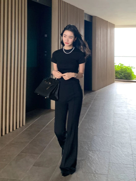 Maven Lin [70% Off In Stock] Black High-Waisted Flared Pants for Women, Casual Style, Knitted Floor-Length Trousers