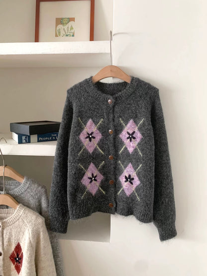 RENA Korean retro diamond jacquard wool cardigan women 2025 autumn new loose slim all-match sweater