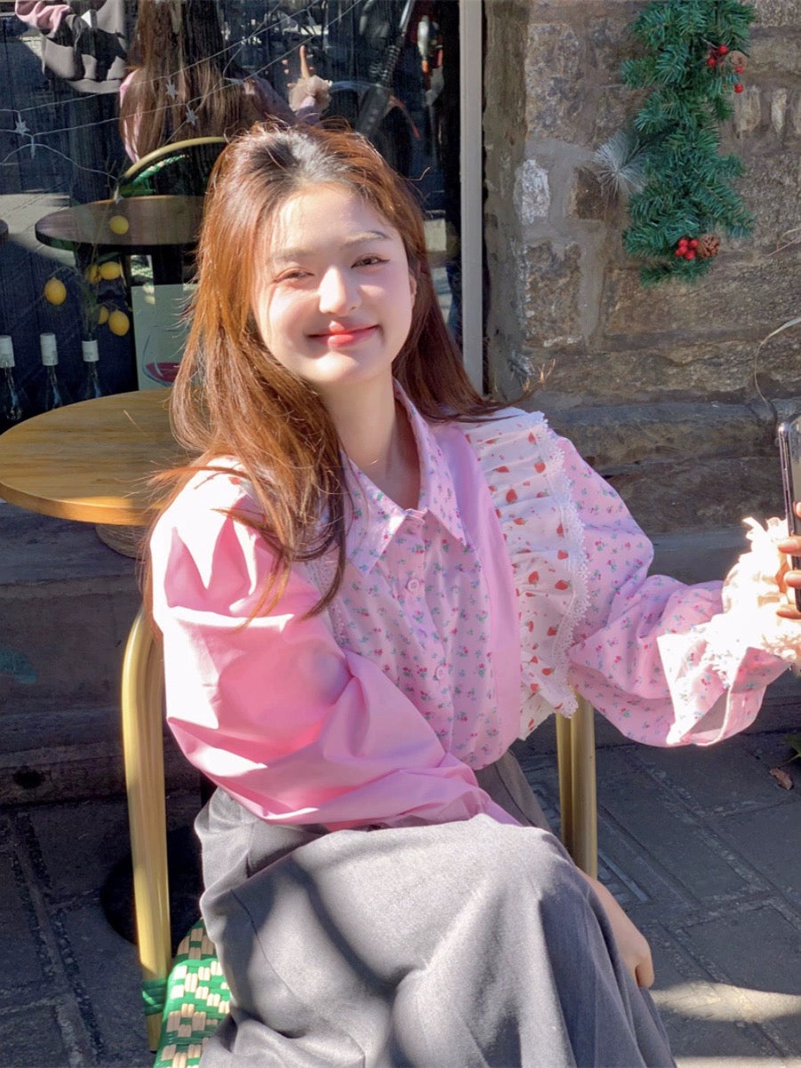 Floral Lace Korean Puff Sleeve Shirt Women's 2024 Spring New Dopamine Wear French Shirt Top