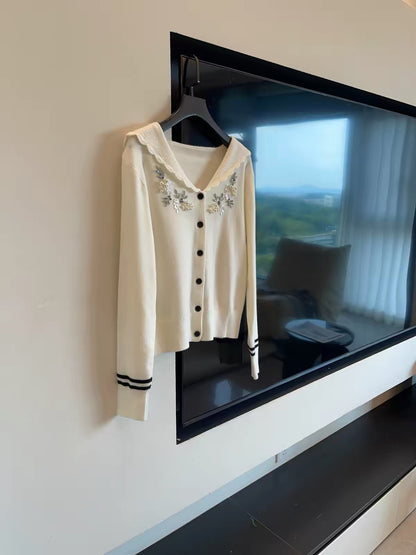 Miu-style outfit for July: Intricately beaded sailor-collar long-sleeve knit cardigan (Autumn/Winter sweater).