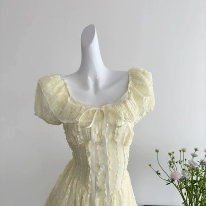 Youni homemade medium-length yellow square-neck puff sleeve waisted A-line dress for women in spring French sweet dress