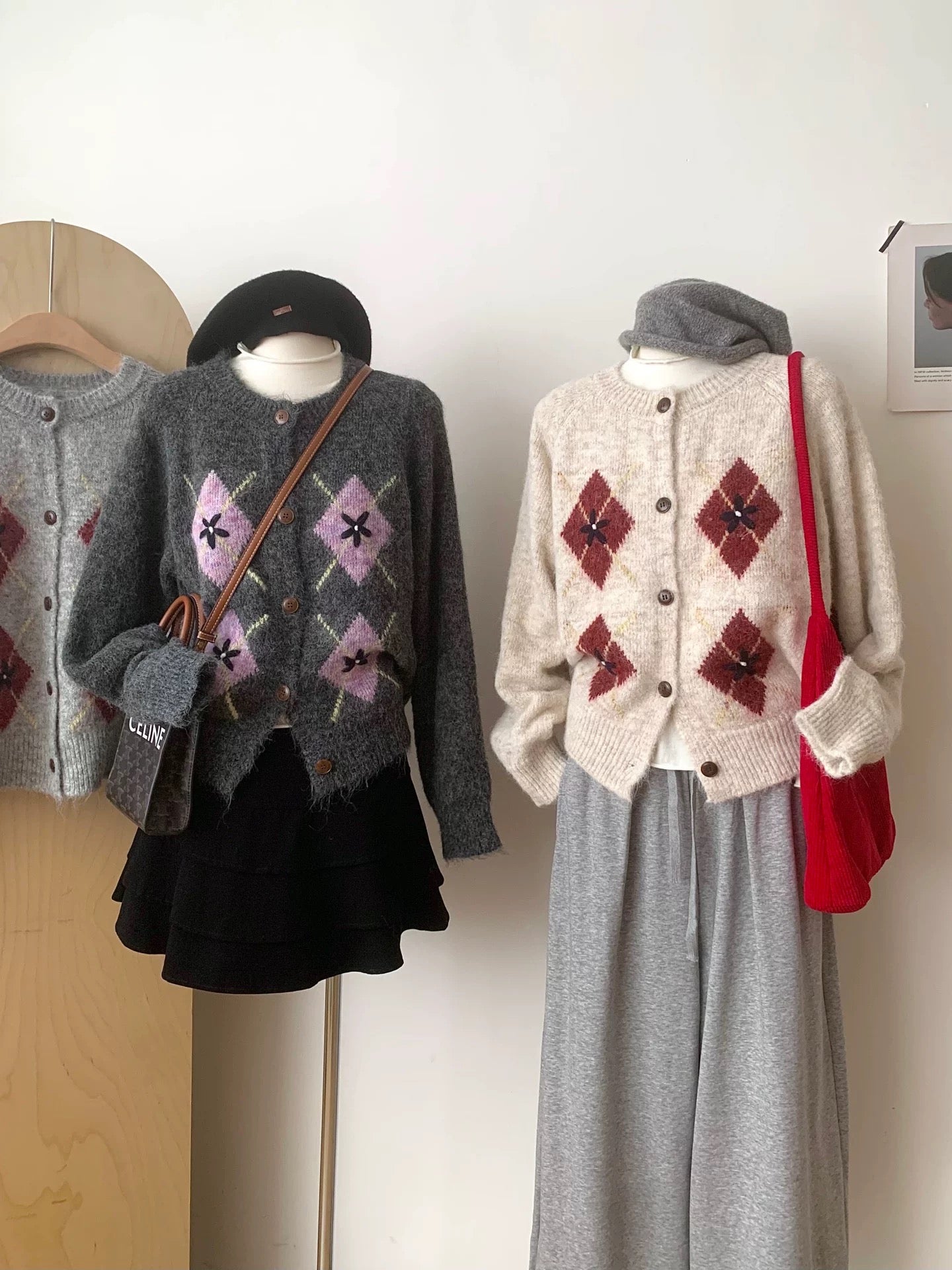 RENA Korean retro diamond jacquard wool cardigan women 2025 autumn new loose slim all-match sweater