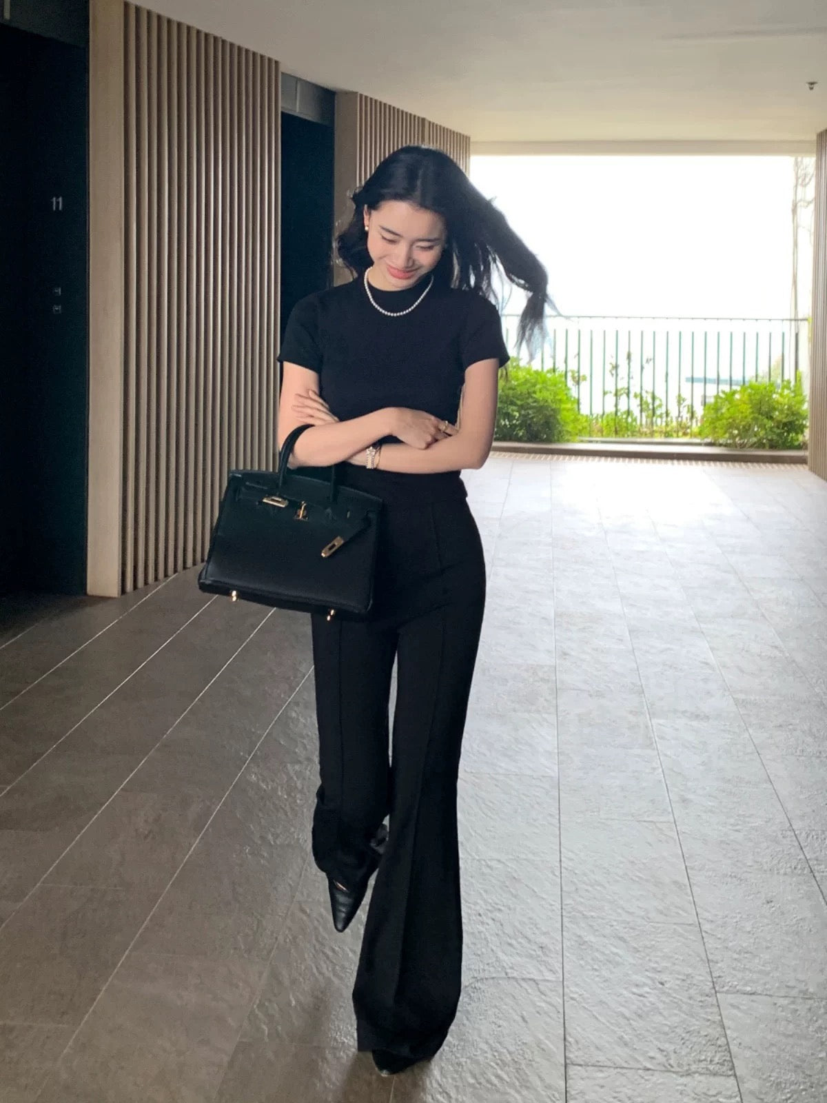 Maven Lin [70% Off In Stock] Black High-Waisted Flared Pants for Women, Casual Style, Knitted Floor-Length Trousers