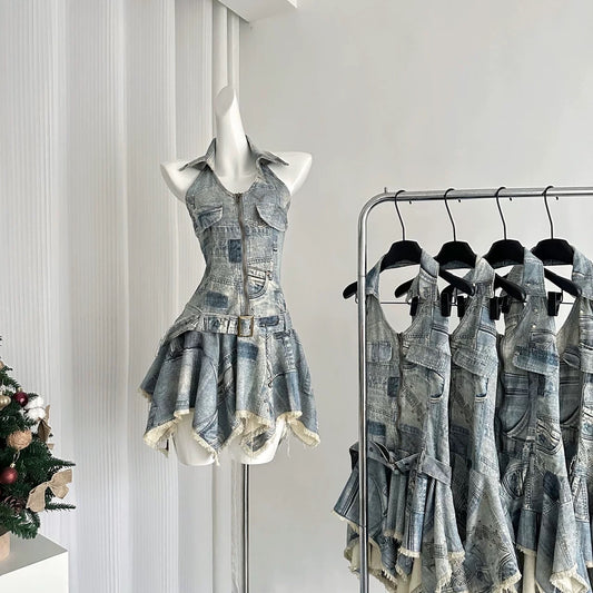 Youni homemade California cowboy Punk waist halter neck denim dress female old retro slim short skirt