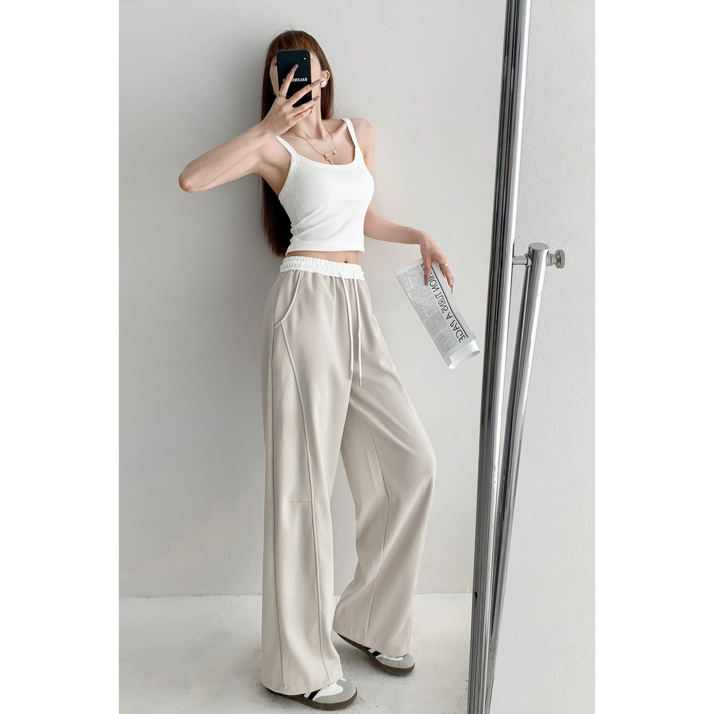 Yuppie role/color matching fake two-piece high-waisted loose slimming wide-leg pants for women heavy drape floor-length sports trousers