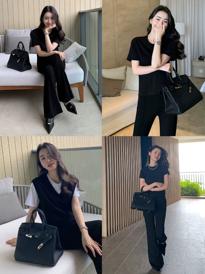 Maven Lin [70% Off In Stock] Black High-Waisted Flared Pants for Women, Casual Style, Knitted Floor-Length Trousers