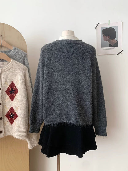RENA Korean retro diamond jacquard wool cardigan women 2025 autumn new loose slim all-match sweater