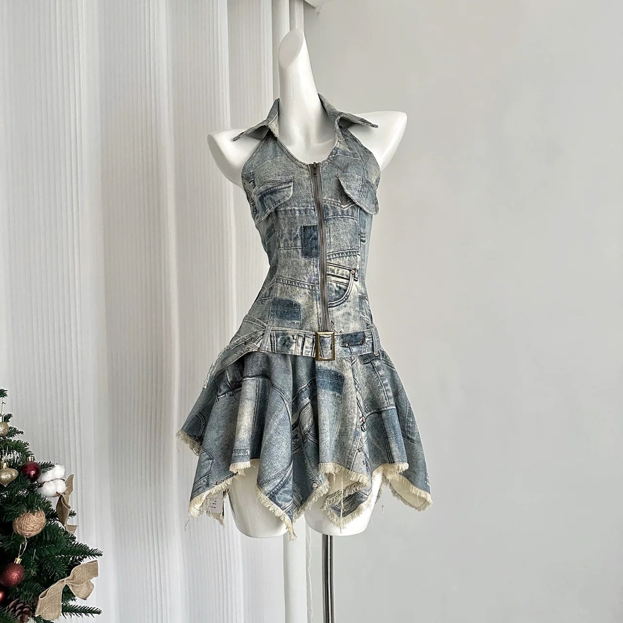 Youni homemade California cowboy Punk waist halter neck denim dress female old retro slim short skirt