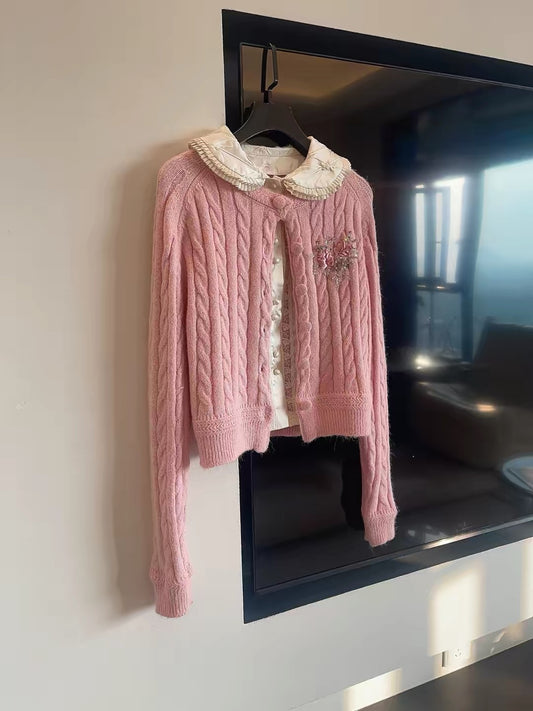 New Early Spring Arrival: Miu-style layered-look knit cardigan featuring a detachable Peter Pan collar shirt insert.