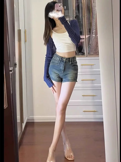 American retro distressed jeans shorts for women summer sweet hottie style high-waist slim hip-covering pants straight A-line pants