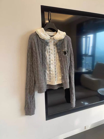 New Early Spring Arrival: Miu-style layered-look knit cardigan featuring a detachable Peter Pan collar shirt insert.