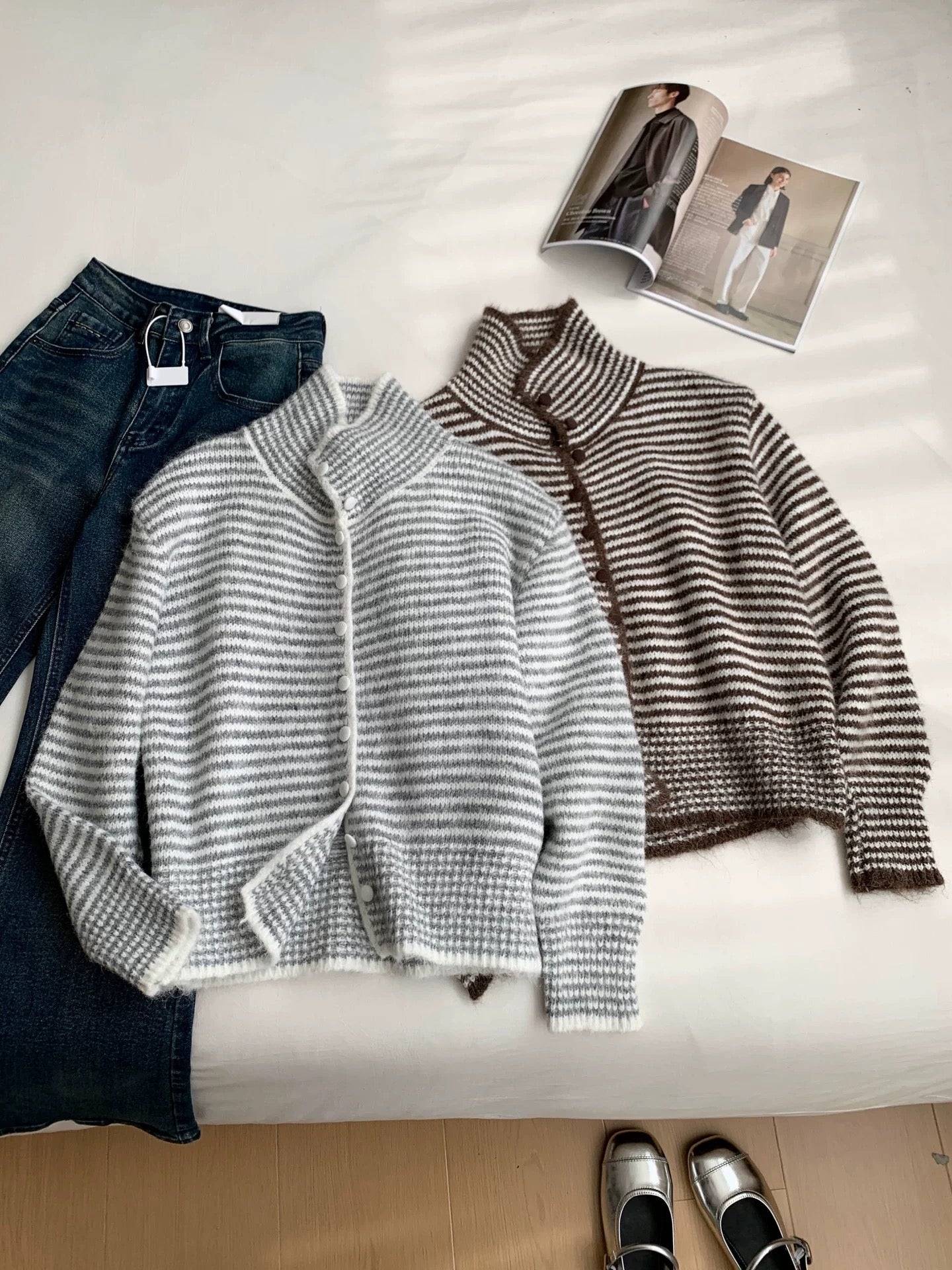 RENA retro striped style stand collar knitted cardigan female 2025 soft lazy style button decoration sweater jacket