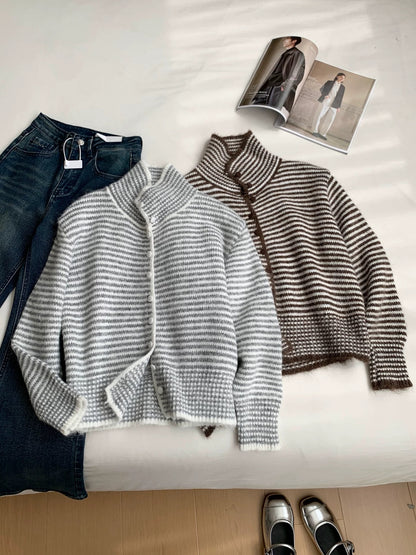 RENA retro striped style stand collar knitted cardigan female 2025 soft lazy style button decoration sweater jacket