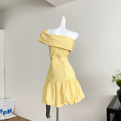 Youni homemade oblique shoulder yellow plaid three-dimensional flower bud texture A-line elastic waist dress