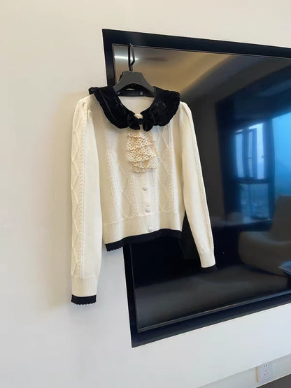 Miu-inspired "heiress aesthetic" for a July launch: New spring long-sleeved knit cardigan featuring a detachable velvet Peter Pan collar.