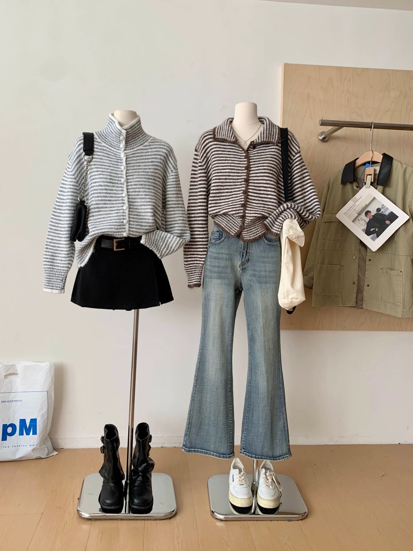 RENA retro striped style stand collar knitted cardigan female 2025 soft lazy style button decoration sweater jacket
