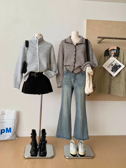 RENA retro striped style stand collar knitted cardigan female 2025 soft lazy style button decoration sweater jacket