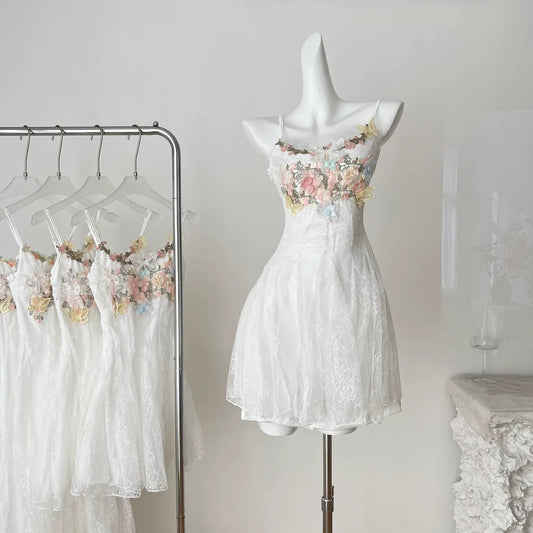 Youni homemade French seaside suspender dress female summer white spring beautiful lace fishtail skirt long skirt