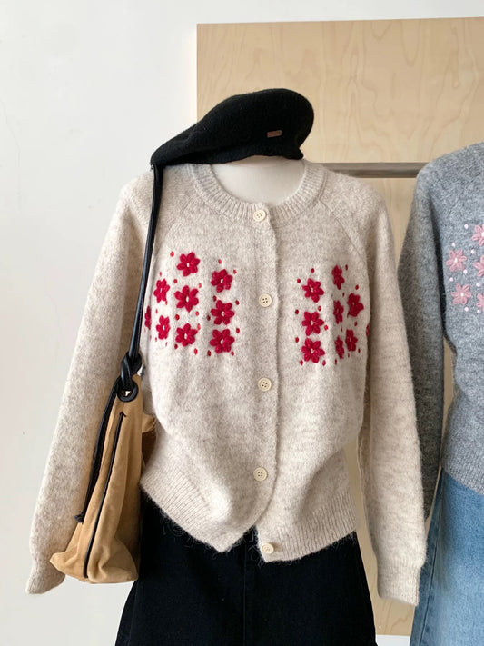 RENA sweet heavy embroidery flower knitted cardigan women's autumn and winter new loose design sweater jacket top
