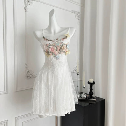 Youni homemade French seaside suspender dress female summer white spring beautiful lace fishtail skirt long skirt