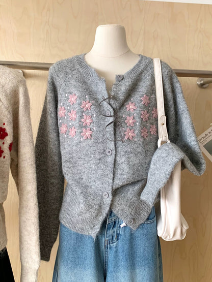 RENA sweet heavy embroidery flower knitted cardigan women's autumn and winter new loose design sweater jacket top