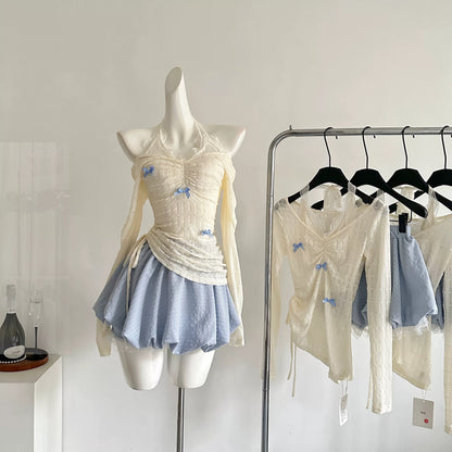 Youni homemade light brand ice blue spring and summer sweet slimming halter neck fake two-piece top skirt suit